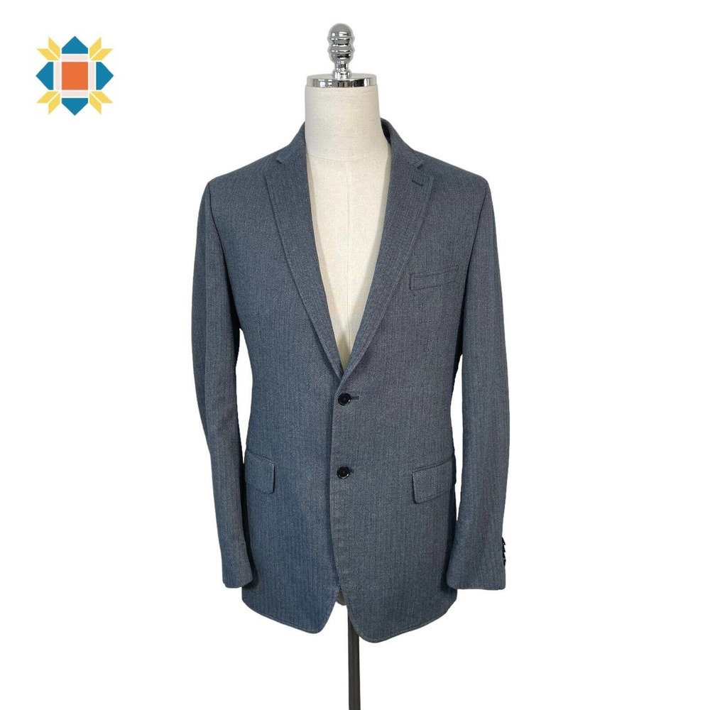 Banana Republic Mens 44L Blue Herringbone Tailored Fit Cotton Sports Coat Blazer